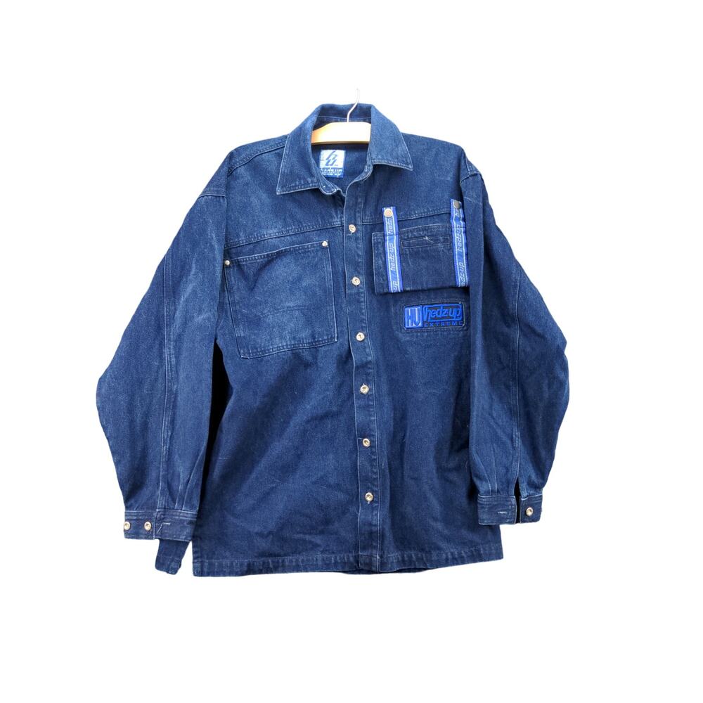 Mens Hedz-Up Extreme Denim Jean Jacket Size L Blue Embroidered